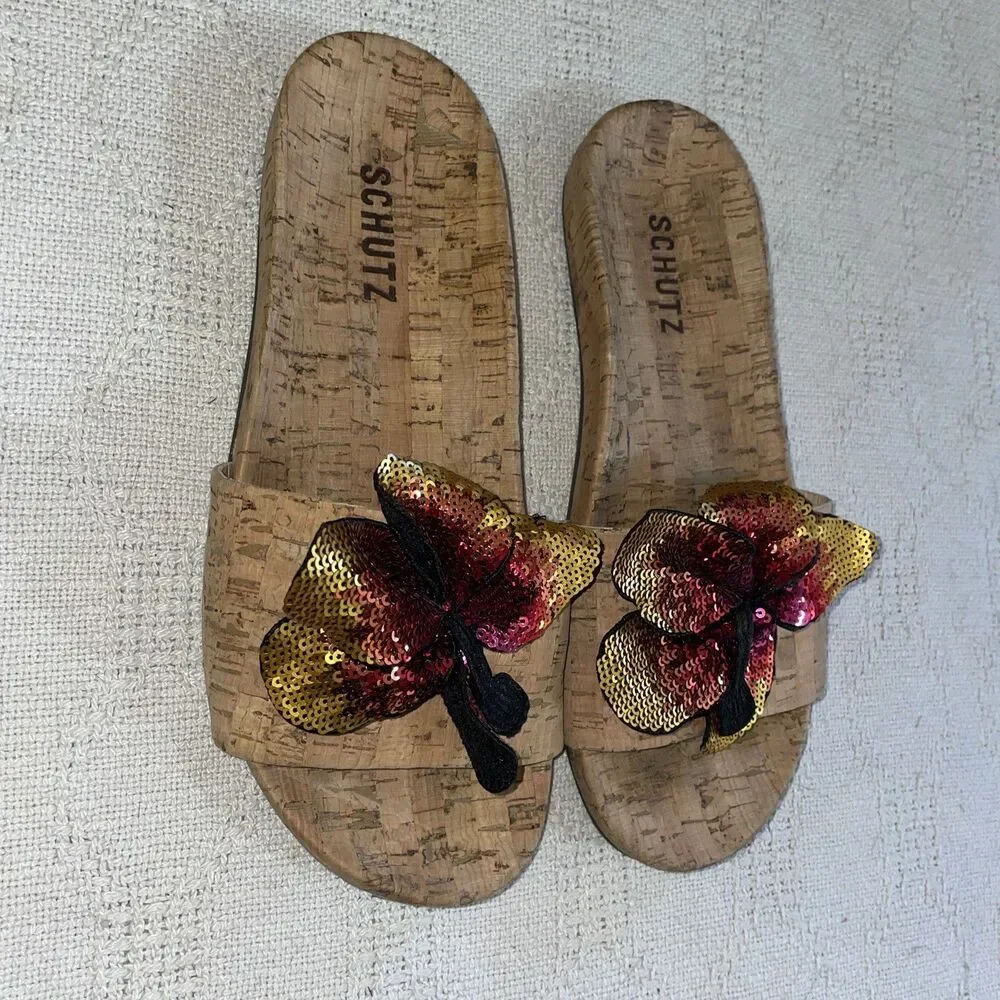 Schutz Women’s Slide Sandals Size 8 B Tan Cork Print Beach Cruise Island